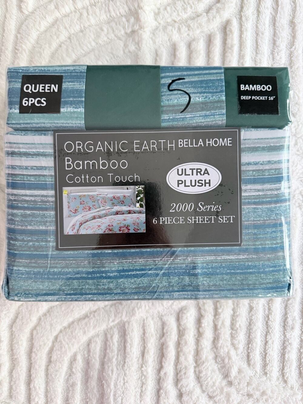 Organic Earth Bella Home 6 Piece Queen Sheet Set striped Multi Color Blues/green